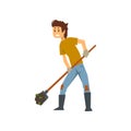 Tired farmer digging the earth with a shovel, hard work, farm worker with gardening tool vector Illustration on a white