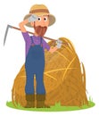 Tired farmer making hay stack. Cartoon farm work