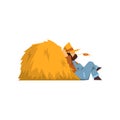 Tired farmer resting sitting by the haystack vector Illustration on a white background