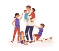 Tired father having many children flat vector illustration. Daddy sitting at home with babies. Tiredness, weariness Royalty Free Stock Photo