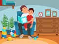 Tired father reading a book to his son, parenting concept, room interior vector Illustration in flat style