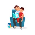 Tired father reading a book to his son, parenting stress vector Illustration on a white background
