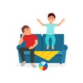 Tired father sitting on the couch next to the jumping son, parenting concept vector Illustration on a white background