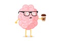 Tired fatigue bad emotion cute cartoon human brain character with hot coffee cup. Central nervous system organ wake up