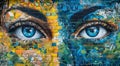 Tired female eyes close up portrait as graffiti mural wall painted in yellow and blue Ukrainian flag colors with art object Royalty Free Stock Photo