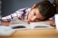 Tired female student learning till late at home Royalty Free Stock Photo