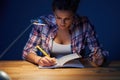 Tired female student learning till late at home Royalty Free Stock Photo