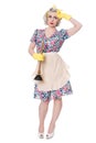 Tired fifties housewife with sink plunger, humorous concept, iso
