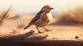 Tired Finch: Realistic Digital Painting Of A Small Bird In The Desert