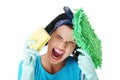 Tired frustrated and exhausted cleaning woman Royalty Free Stock Photo