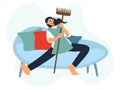 Tired funny woman on the sofa with a mop. Vector flat design of an exhausted girl with bulging eyes and outstretched