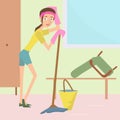 Tired girl after cleaning vector cartoon