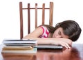 Tired girl sleeping over her laptop with a stack of books on the table