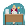 Tired girl at work at the office table. Office worker. Boredom. Flat vector illustration
