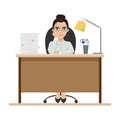 Tired girl at work at the office table. Office worker. Boredom. Flat vector illustration