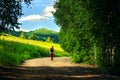 A Tired Guy in a Pink T-Shirt, Red Pants, and Bucket Hat, with Black Backpack and Long Pole Walks along Highland Country Road with Royalty Free Stock Photo