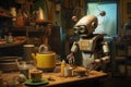 A tired Home robot cleans the kitchen. The old kitchen