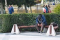 The tired homeless person on bench Royalty Free Stock Photo