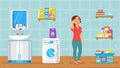 Tired Housewife in Bathroom Vector Illustration