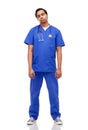 tired indian doctor or male nurse in blue uniform