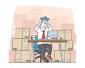 Tired Inventory Manager Male Character Sit in Warehouse with Stacks of Carton Boxes Working on Computer, Distribution Royalty Free Stock Photo