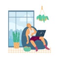 Lazy tired man with laptop computer sleep in armchair a vector illustration