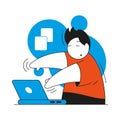 Tired male employee working on laptop with closed eyes vector flat illustration. Overworked manager