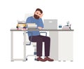 Tired male manager working on computer. Sad or exhausted bearded man at office. Stressful work, stress at workplace Royalty Free Stock Photo