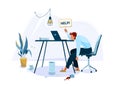 Tired male office worker sitting on the chair and request help. Burnout concept vector background. Business flat cartoon