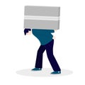 A tired man, bent over heavily, carries a large heavy box on his back. The concept of a person overloaded with problems or tasks.