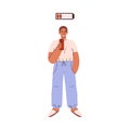 Tired man with a can of energy drink, bored worker, low energy level of life battery charge indicator cartoon vector