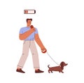 Tired man with a can of energy drink walking with dog, low energy level of life battery charge indicator cartoon vector