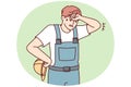 Tired sweaty man in construction uniform and safety helmet wiping forehead. Vector image