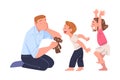 Tired Man Dad Exhausted with Noisy and Energetic Kids Playing Around Vector Illustration