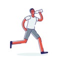 Tired man drinking water while jogging. Sweating cartoon guy running marathon