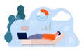 Tired man. Freelancer, remote worker sleep on sofa with laptop vector illustration