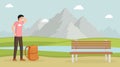 Tired man hiking vector illustration. Male traveller with backpack, mountain landscape with lake on background. Tourist