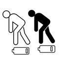 Tired man icon, fatigue or exhausted, lack of battery power, low charge, burnout workplace, stress, thin line symbol on white