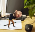 Tired man, office worker holding his huge tired head, funny Royalty Free Stock Photo