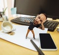 Tired man, office worker holding his huge tired head, funny Royalty Free Stock Photo