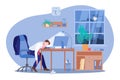 Tired man sleeping at the desk in office. Vector flat cartoon illustration. Workaholic, work stress and fatigue concept Royalty Free Stock Photo