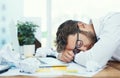 Tired, man and sleeping on office desk with burnout, fatigue and overworked business employee with glasses, documents