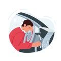 Tired Man Sleeping at Wheel Inside of Car. Sleepy Male Dozing While Driving as a Result of Insomnia and Lack of Sleep Royalty Free Stock Photo