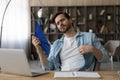 Tired man suffer from hot weather wave with hand fan Royalty Free Stock Photo