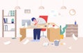 Tired man in suit sleeping on desk at work surrounded by chaos vector flat illustration