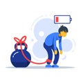 Tired man tied to kettlebell, exhausted person, male character feeling powerless, low energy state, responsibility overload Royalty Free Stock Photo