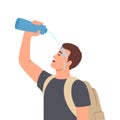 Tired man tourist pouring water on face during long walk in nature in hot weather. Traveler guy with backpack on back exhaustively