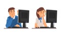 Tired Man and Woman in Front of Computer Screen Doing Work Routine in the Office Vector Set Royalty Free Stock Photo