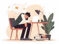 Tired man working on laptop at home office. Work from home concept. Flat vector illustration. Generative AI Royalty Free Stock Photo