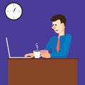 vector illustration of tired man working on computer in office, late at night with coffee and donuts